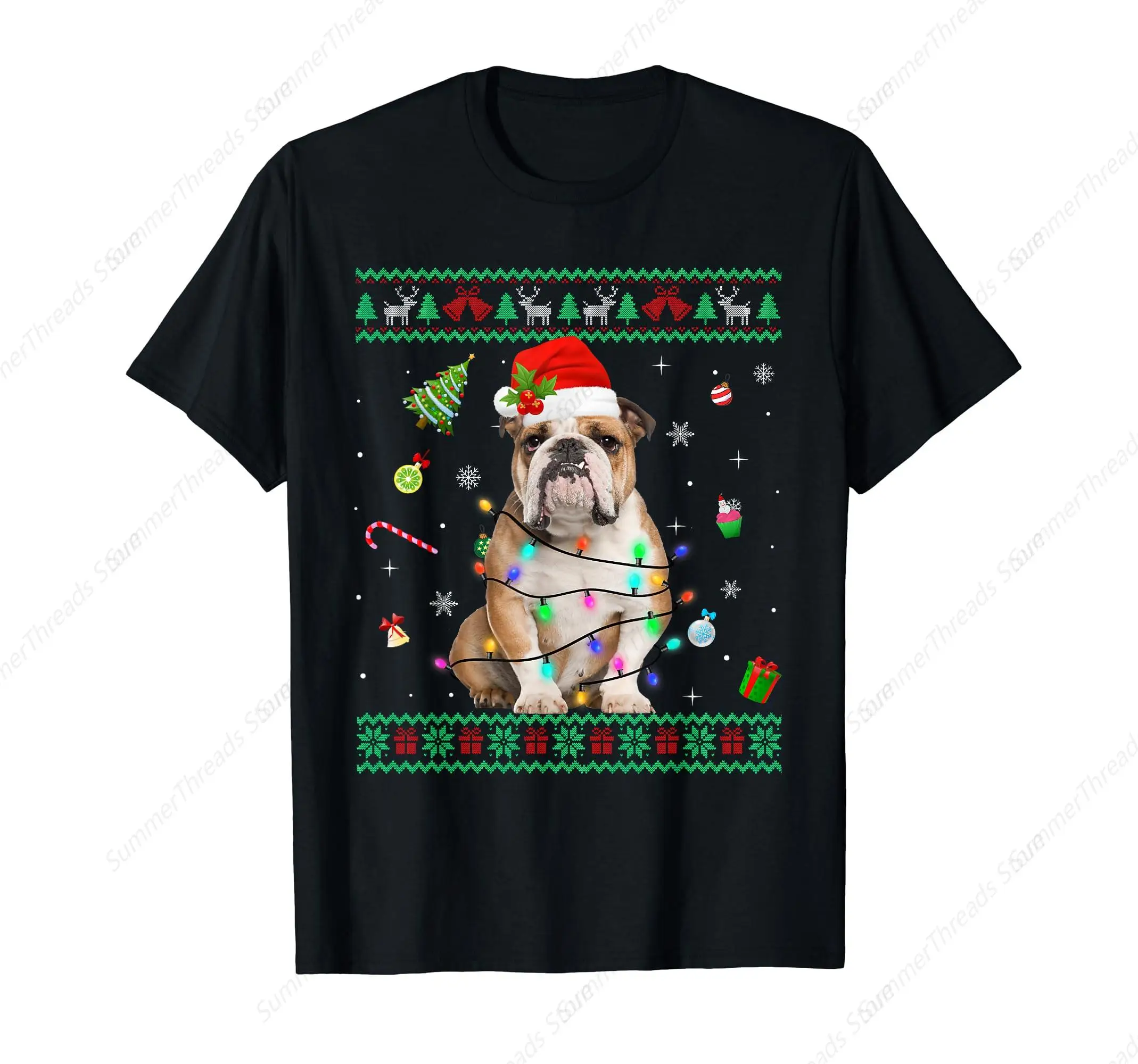 Ugly Sweater English Bulldog Dog Christmas Lights Santa Hat T-Shirt