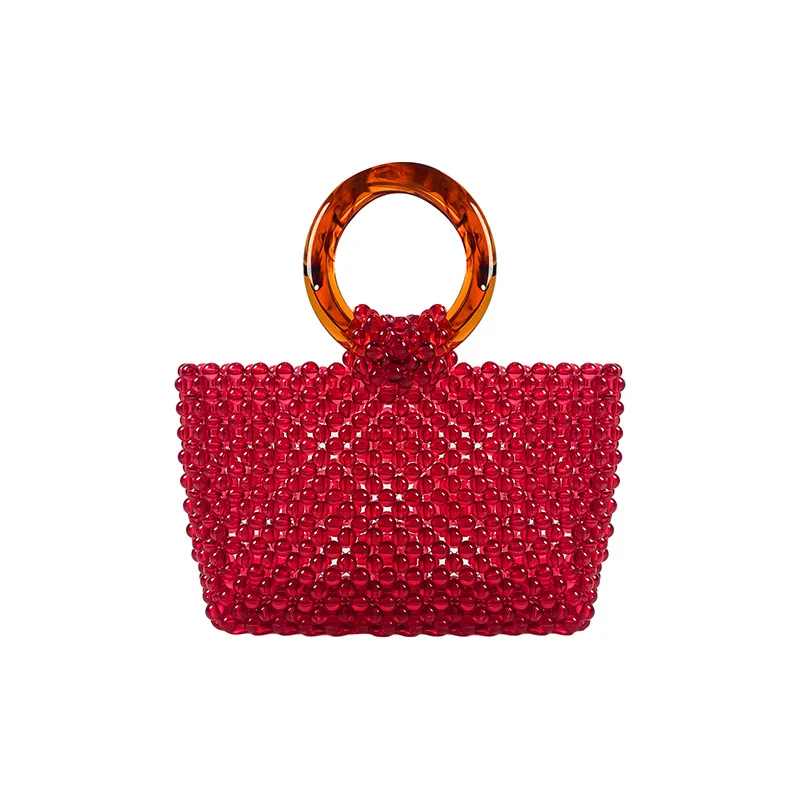 

New Personalized Red Handmade Bead Woven Acrylic Fashion Versatile Circular Double Loop Handbag Customizable Color Women's Bag