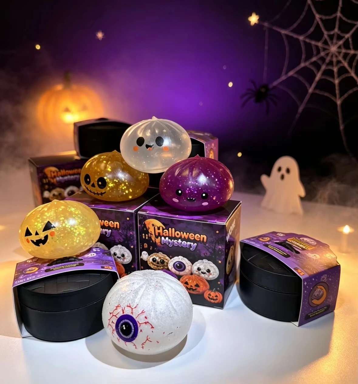 Halloween Mystery Bun Squeeze Toy Blind Box Glitter Squishy Fidget Toy Horror Eyeball Pumpkin Shape ASMR Stress Relief Toy