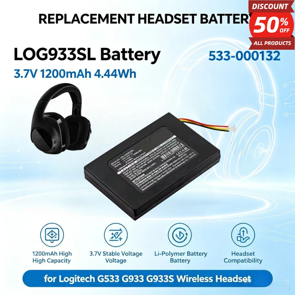 LOG933SL 3.7V 1200mAh 4.44Wh 533-000132 Replacement Li-Polymer Battery for Log itech G533 G933 G933S Wireless Headset Battery