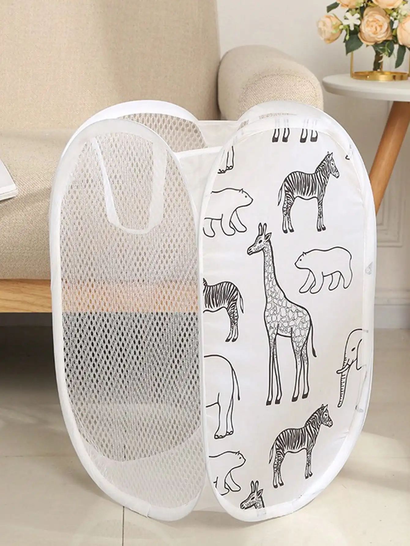 Cartoon Foldable Three-Sided Mesh Dirty Laundry  With Handle Laundry Basket Easy To Open And Fold，Clothes Storage Basket (White)