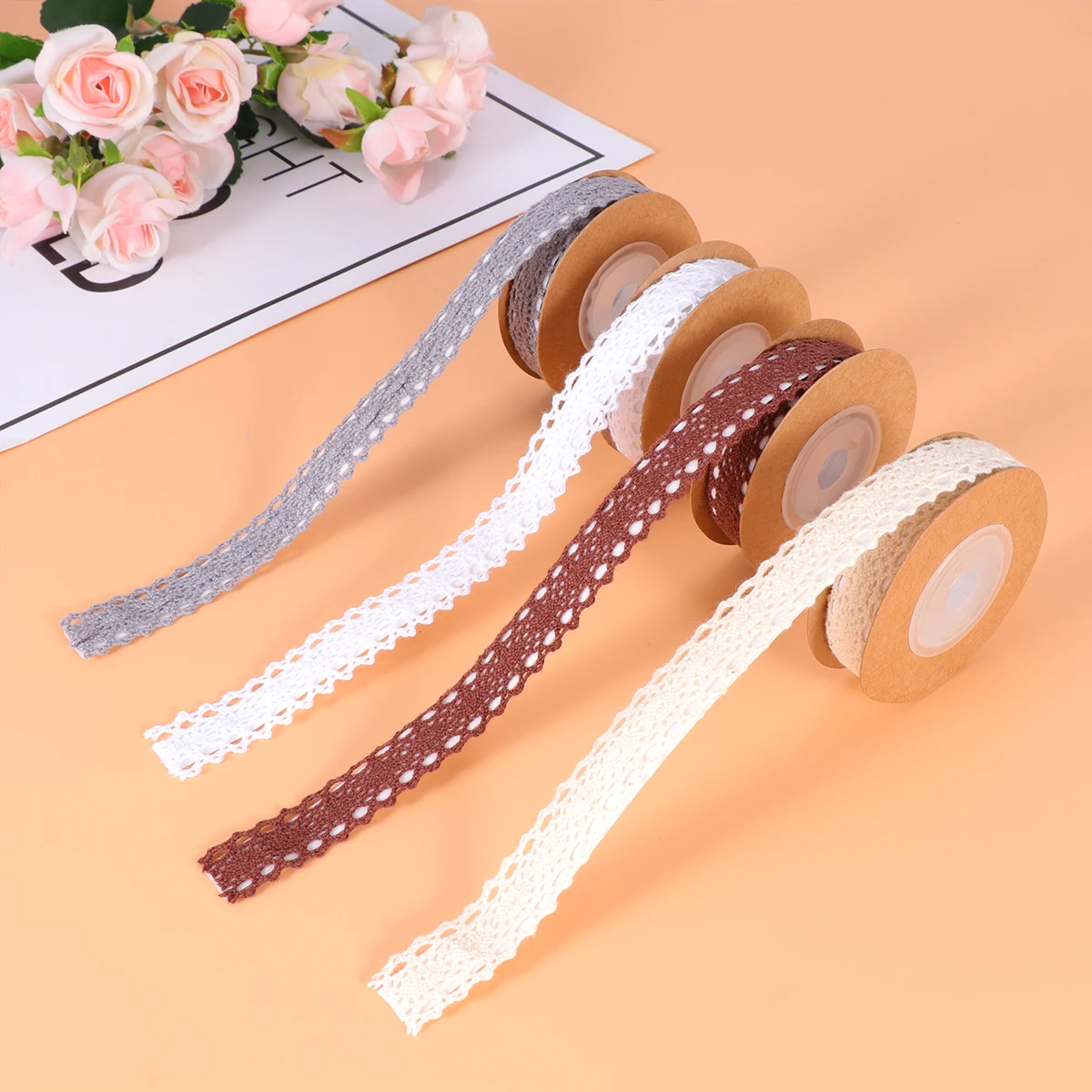

4 Rolls Cotton Ribbon B Durable Soft Weaving Hollow Brim Style Perfect for Crafting Gift Wrapping DIY Lace Cotton Ribbons