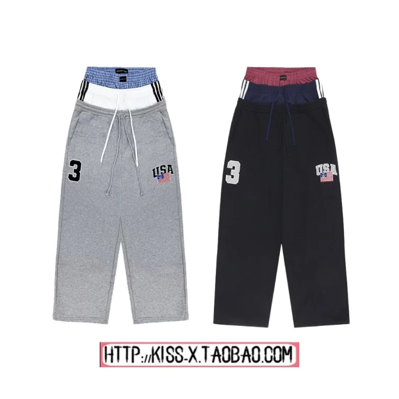 

Casual Loose Wide Leg Pants Embroidered Fake Tee Waist Patchwork National Flag Design Comfortable Cotton Sweatpants