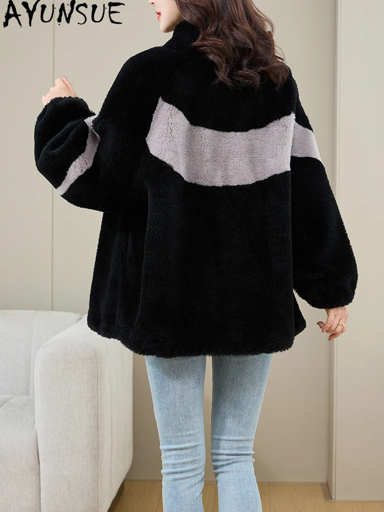AYUNSUE 100% Naturalna Wełna Damska Kurtka Modna Stójka Granulowane Futro Jagnięce Kurtka Damska Odzież Wysokiej Jakości Abrigo Mujer