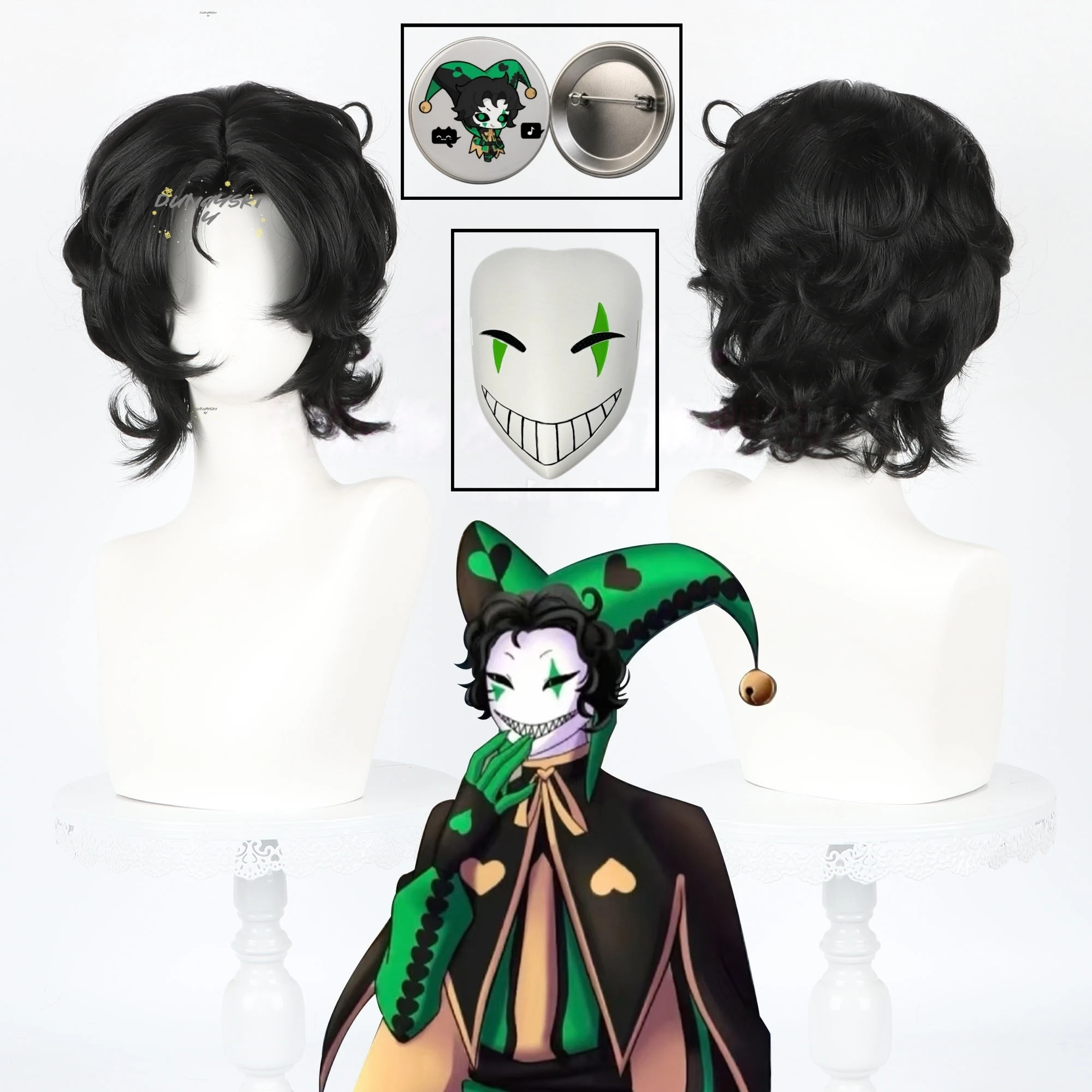The Freak Clown Harlequin Cosplay-Perücke, schwarzes lockiges Haar, kurze Perücke für Männer und Frauen, für den Alltag, Halloween, Party, Rollenspiel, Requisite für Erwachsene