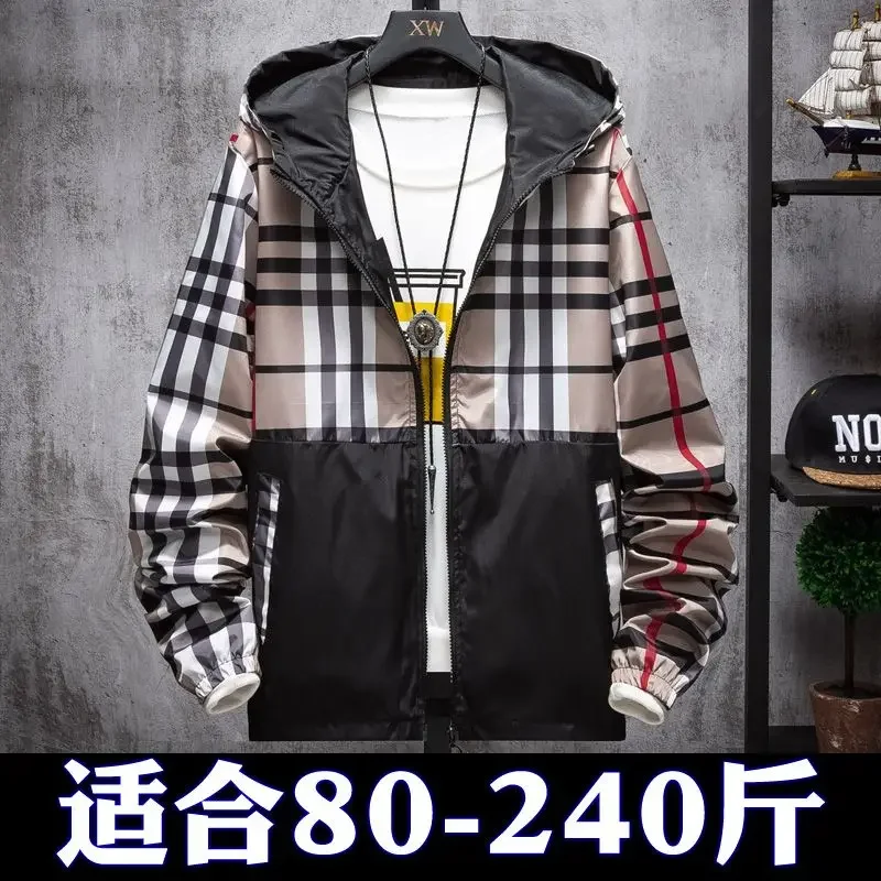 

Spring and Autumn New Checker Jacket Coat Men's Plus Size Color Matching Fashion Casual Top Hooded Panel