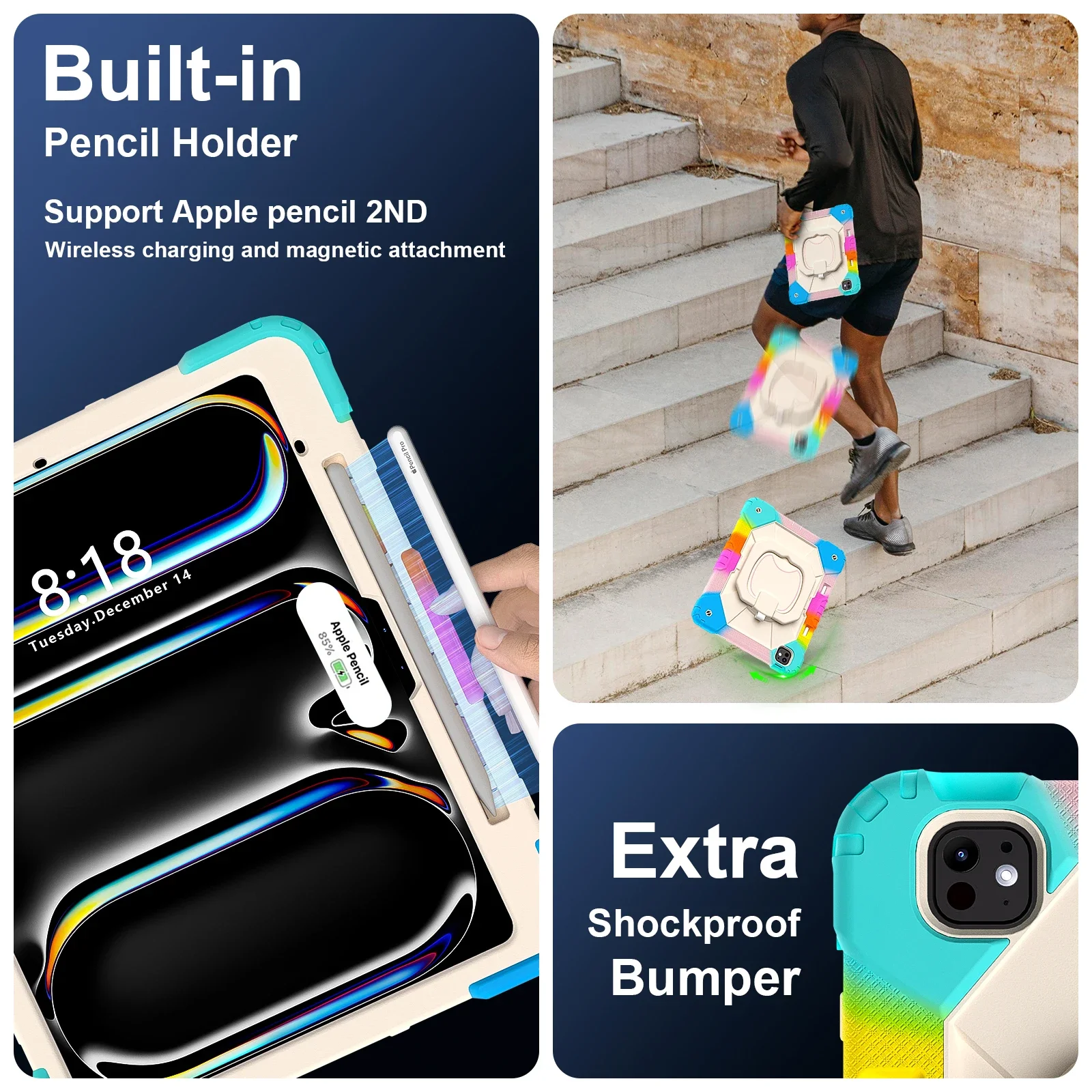 スタンド付き耐衝撃タブレットケース,360度回転,iPad 6,7,8,9,2022世代,pro,10.9,13,11,m4,mini,air 4,5,インチ