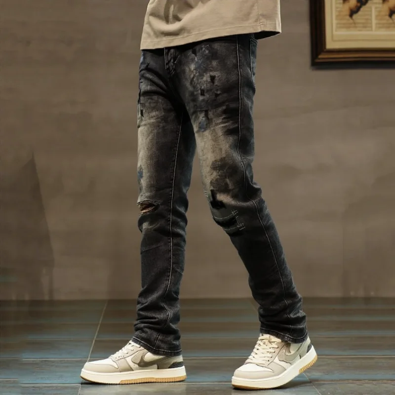 جينز ممزق داكن فاخر مطرز بأحرف أبجدية رقعة على طراز شارع العليا للخريف والشتاء للسفر ضروري #1