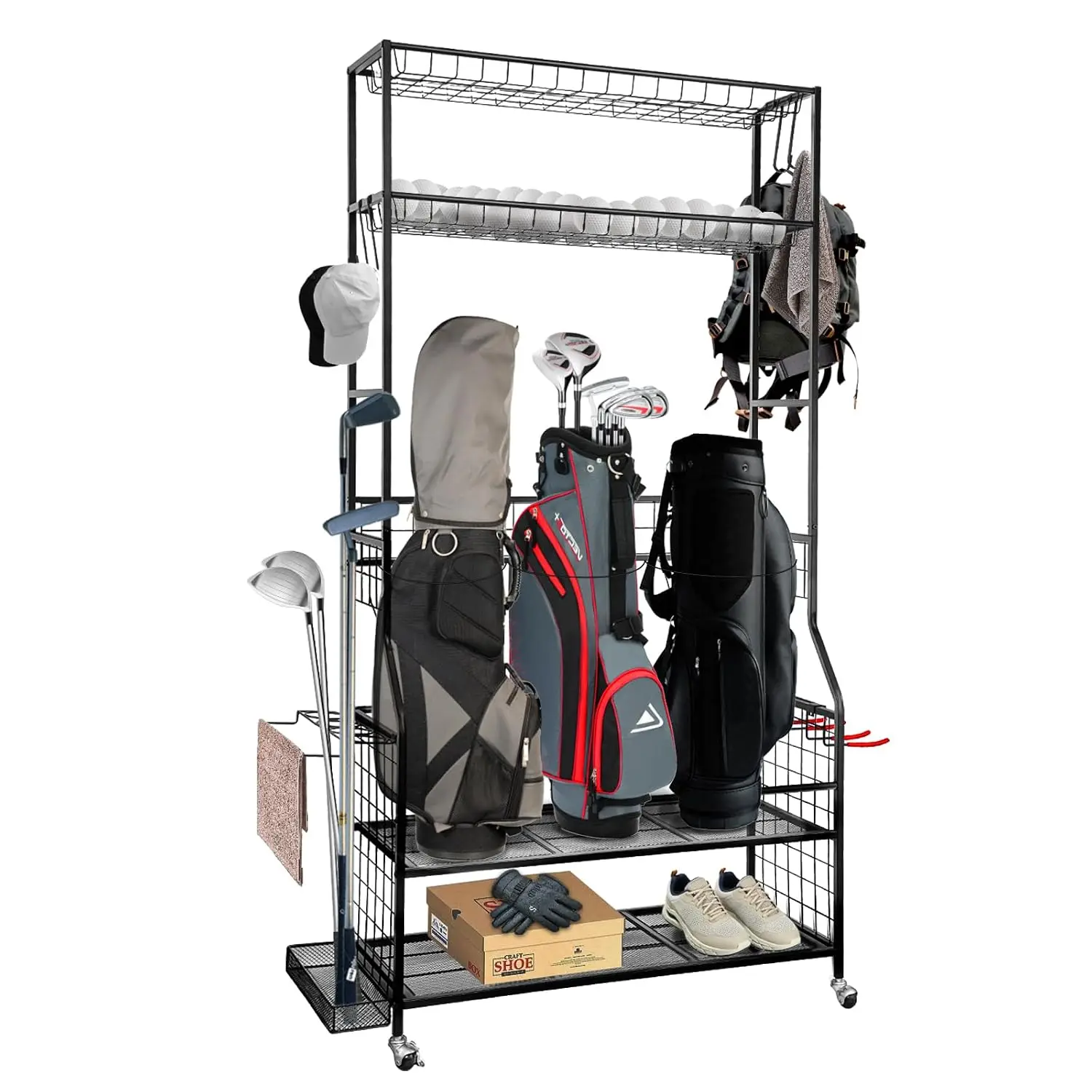 Golf Bag Storage Organizer for Garage – 3 Golf Bags Rack with Wheels, Heavy Duty Steel Golf Equipment Storage Stand with Club