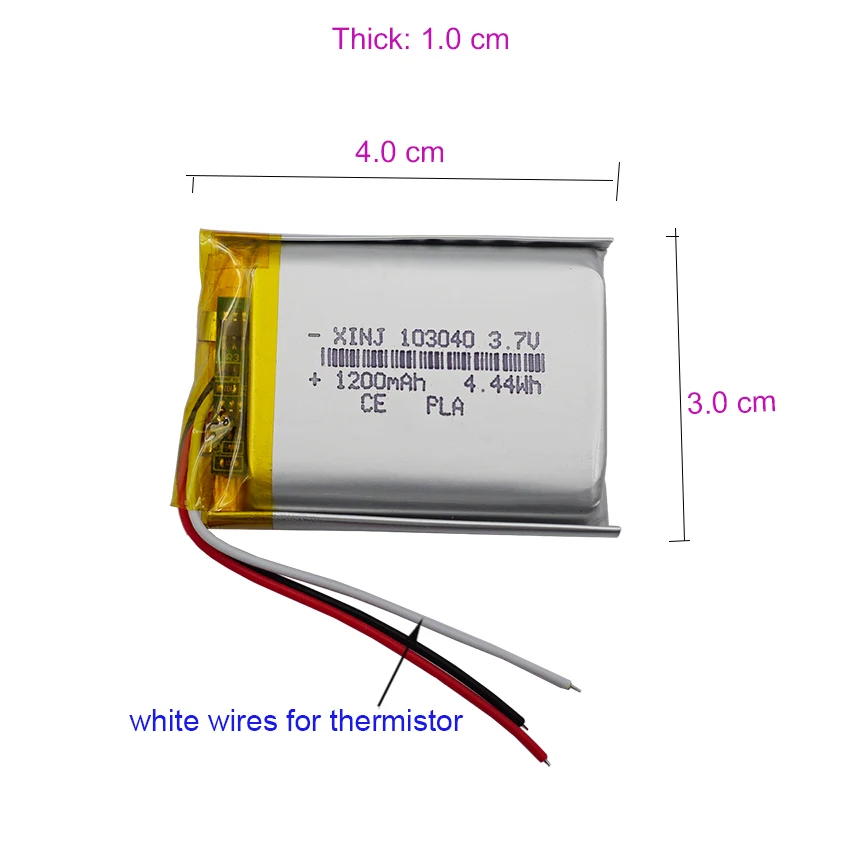 Termistor de batería Lipo recargable, 3,7 V, 1200mAh, 4,44wh, 103040, 3 cables para cámara, Altavoz Bluetooth, grabadora de conducción, luz LED