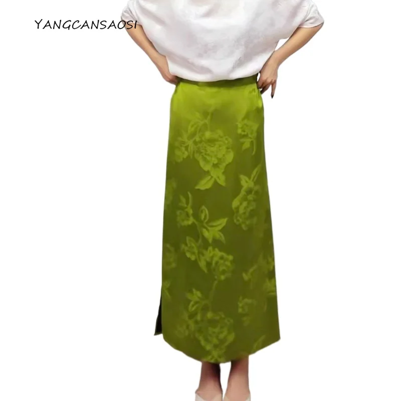 

Women's Fashion Clothing Elegant 100% Natural Mulberry Silk Gambiered Guangdong Gauze Green Jacquard Straight Tube Skirt