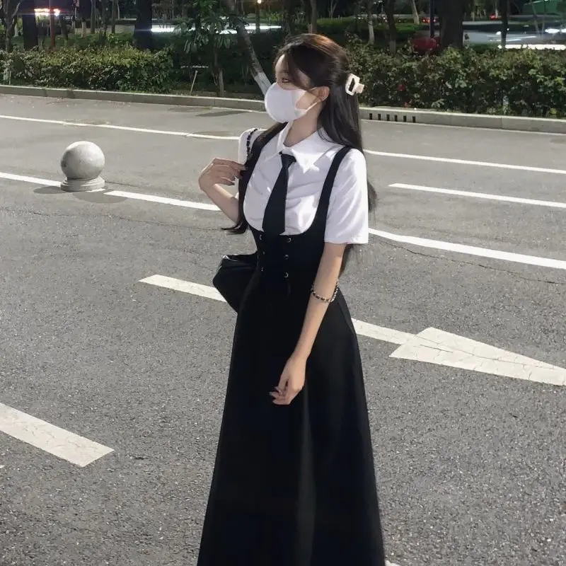 Gaun Suspender Ramping Pelukan Pinggang Longgar Gaya Korea Gaya Kuliah untuk Siswa Perempuan Setelan Rok Tali Panjang Menengah Jepang