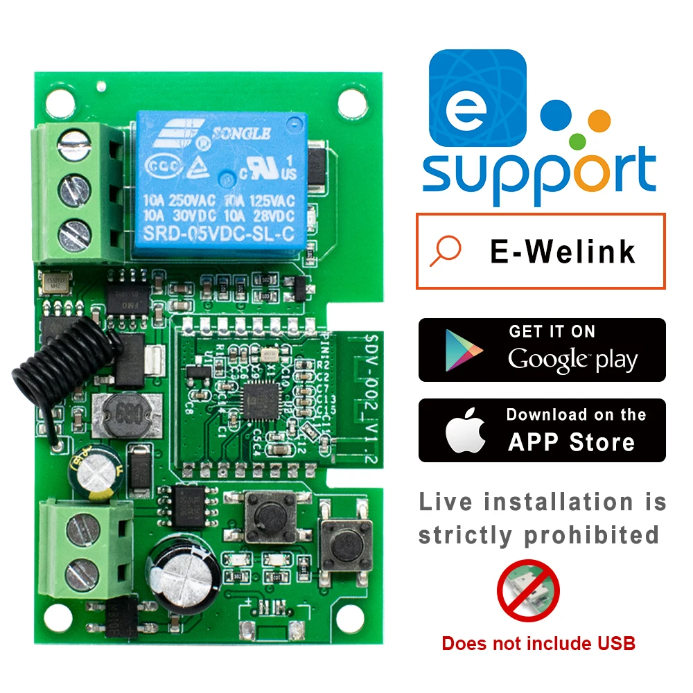 Ewelink Wireless WiFi Relay Switch 1 Channel Garage Door Receiver 433.92MHz Learning Code Remote Control 12V Timing Switch