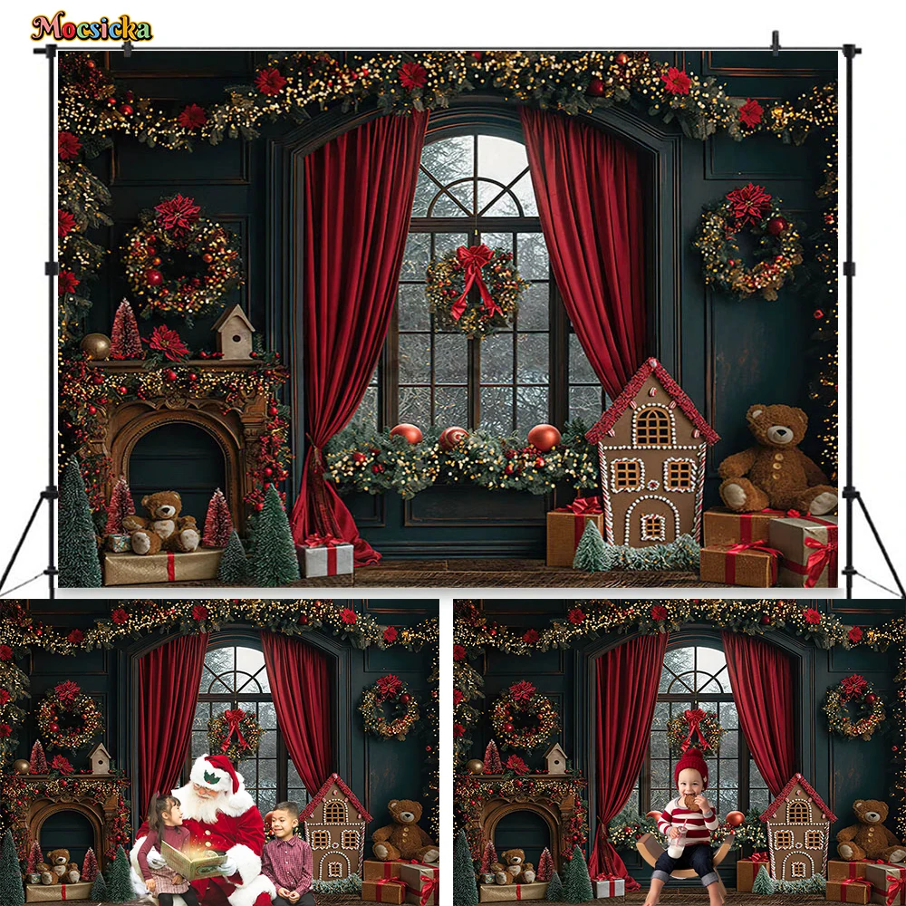 

Christmas Room Photography Background Gingerbread House Window Red Xmas Wreath Curtain Backdrop Decor Kids Birthday Gift Photo