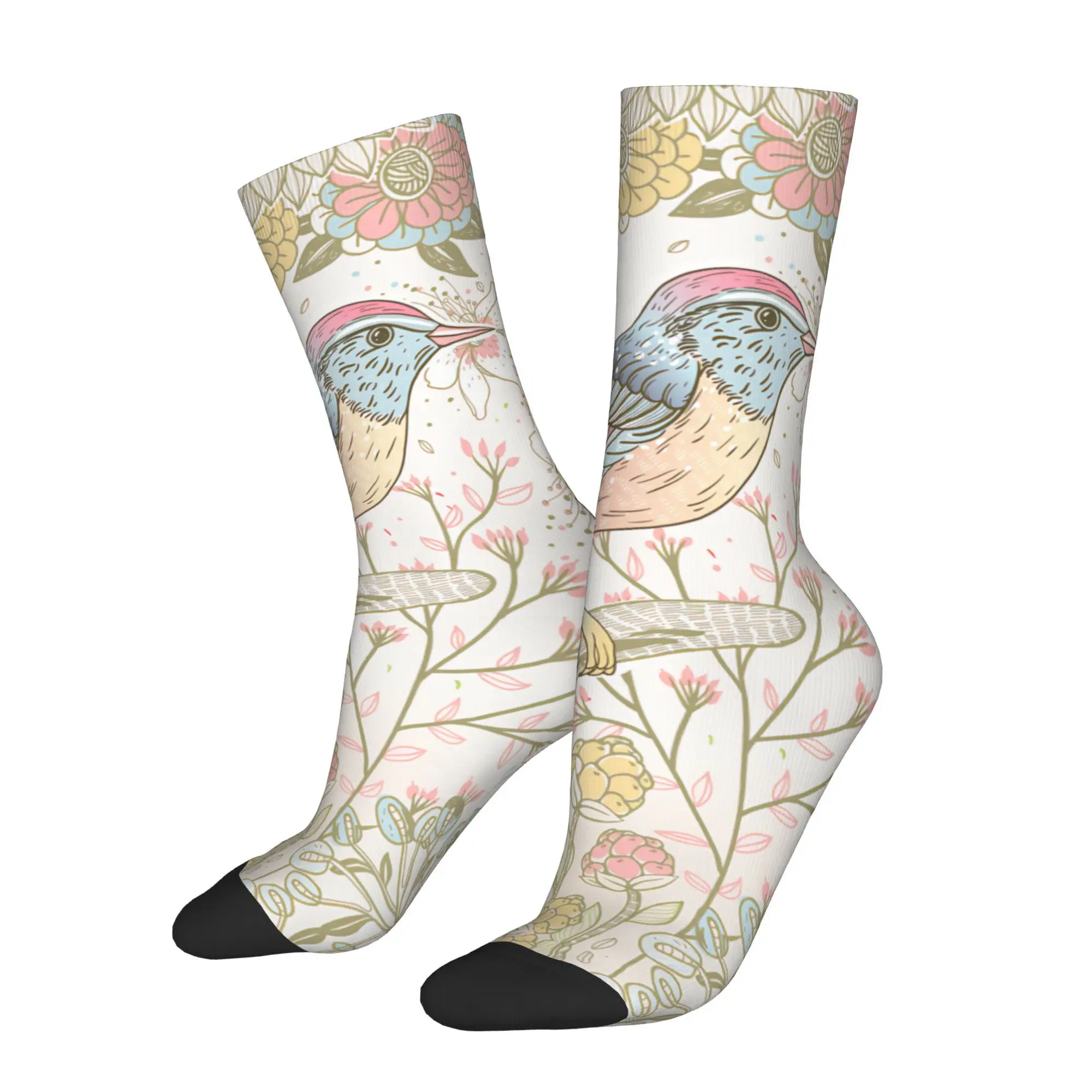 1pc Bird and Blooming Flowers Printed Men's Socks  Novelty Hip Hop Harajuku Pattern Crew Sock Casual Gift