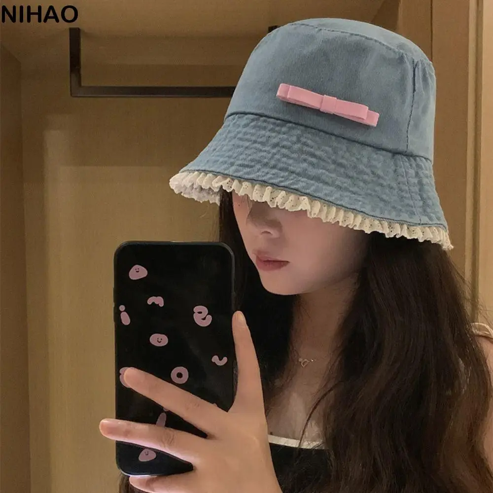 

Retro Big Brimmed Denim Bucket Hat Y2K Sunscreen Lace Fisherman Hat Bow Tie Korean Style Bow Sunscreen Hat Lady