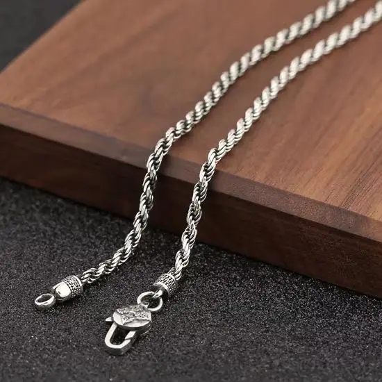 

925 sterling silver jewelry handmade Thai silver hemp rope necklace for men Vajra Women's Sweater Chain Long Silver Chain