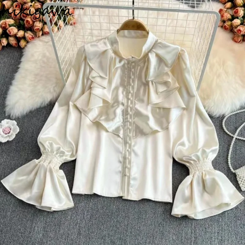 Vintage Blouses Women's Clothing 2024 Blusas Mujer De Moda Stand Neck Flare Sleeve Tunic Lady Tops Ruffles Sweet White Shirts