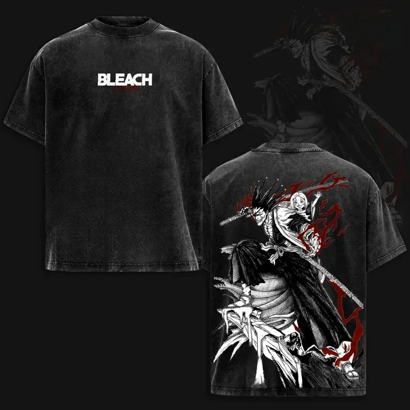 Zaraki Kenpachi Kusajishi Yachiru Print T-shirt Anime BLEACH Clothing Men Women Cotton Tshirts Retro Washed T Shirt Harajuku Top