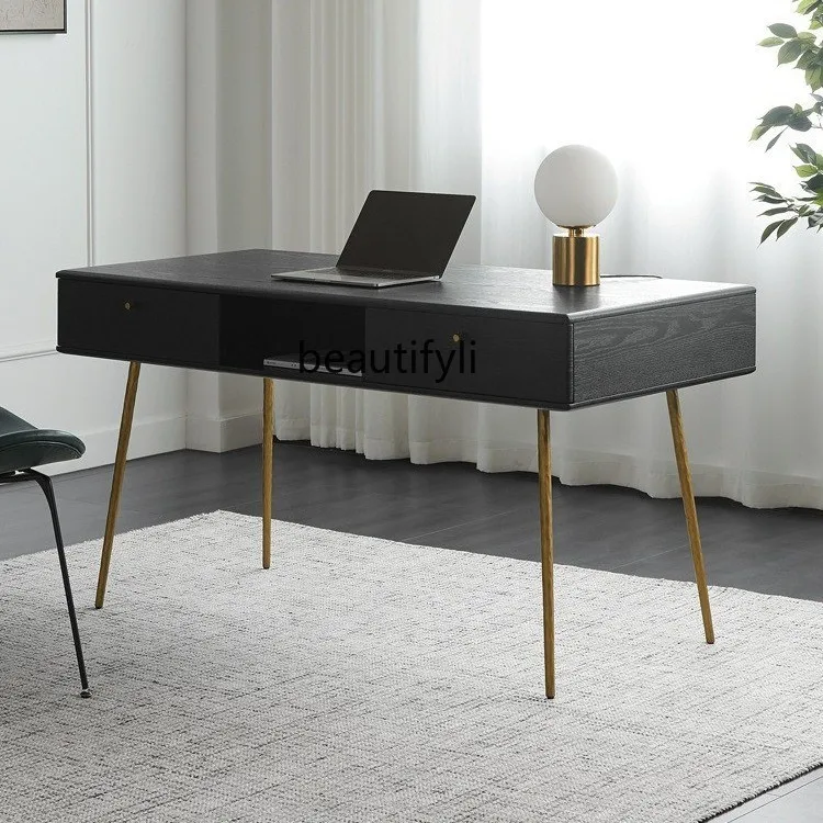 Nordic Solid Wood Desk Mid-Ancient Industrial Style Oak Drawer Storage Study Computer Desk