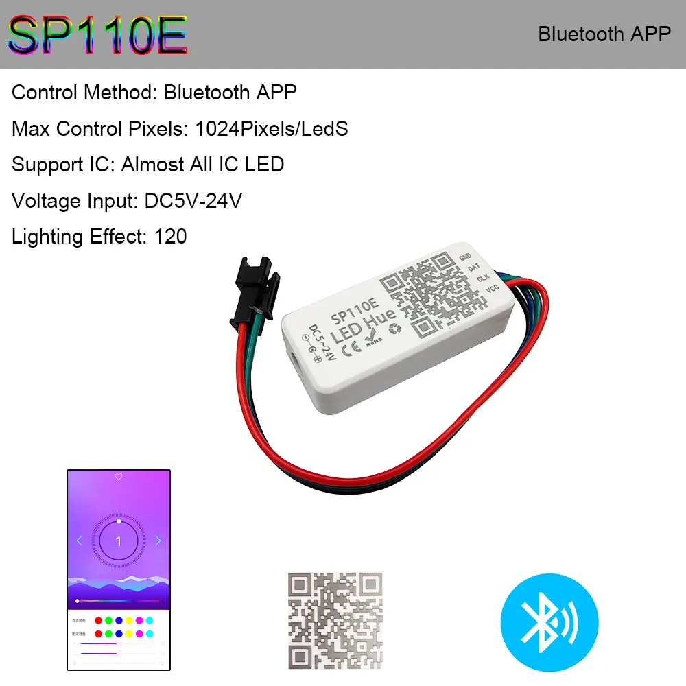 WS2812B WS2812 WS2811 Controller,SP110E Bluetooth APP Pixel Light Strip Controller For SK6812 RGBW WS2815 RGBIC Strip DC5V-24V