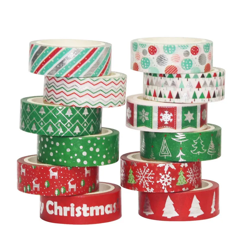 Imagem -02 - Feliz Natal Banhado a Prata Washi Tape Grupo Scrapbooking Faça Você Mesmo Jornal Papelaria Fitas de Mascaramento Deco Art Supplies 12 Pcs por Conjunto