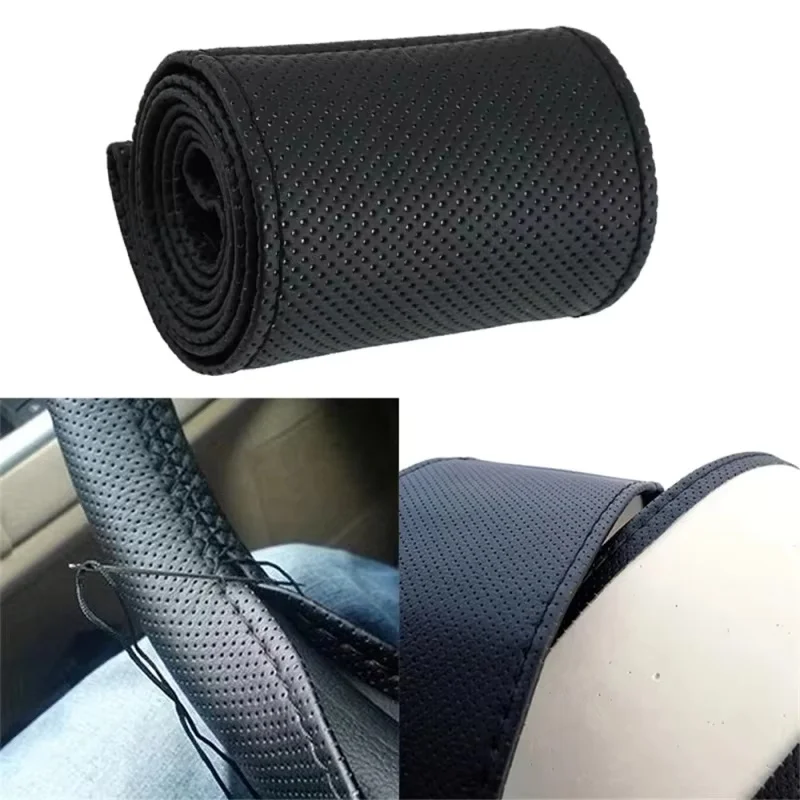 Car Steering Wheel Braid Cover Needles And Thread PU Leather Car Covers Suite DIY Texture Soft Auto Accessories Black 37-38cm