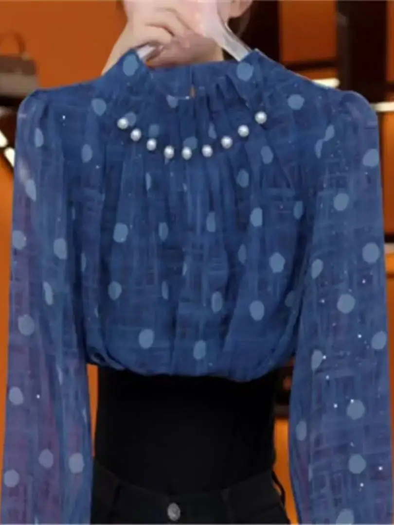 

Early Autumn Design Sense Pearl Dot Stand Collar Long Sleeve Women's Shirt Versatile Slimming Top Commute Style Korean Loose Fit