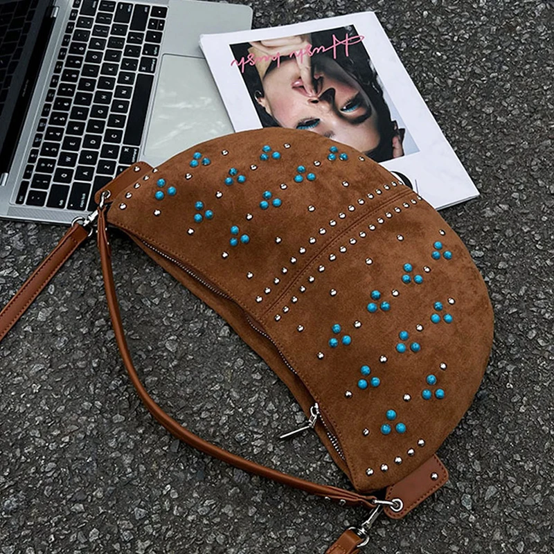 Bohemian Slim Half Moon Bags For Women Luxury Designer Handbags Purse 2023 New In Faux Suede Vintage Rivet Pearl Armpit Shoulder