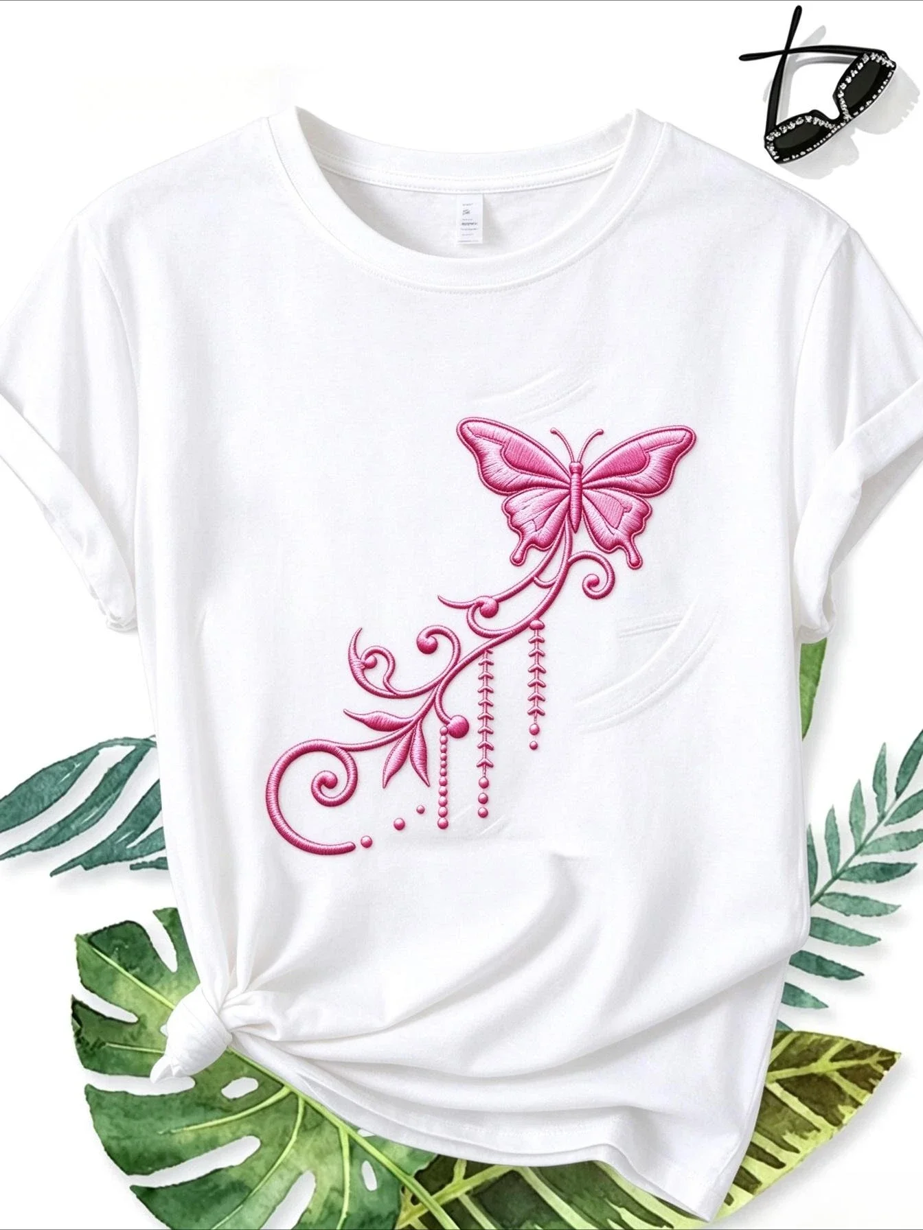 Coquette Aesthetic Pink Butterfly Women T Shirt Faux Embroidery Effect Graphic Printed Tees Cyber Y2k Grunge Short Sleeve Casual Black Tops