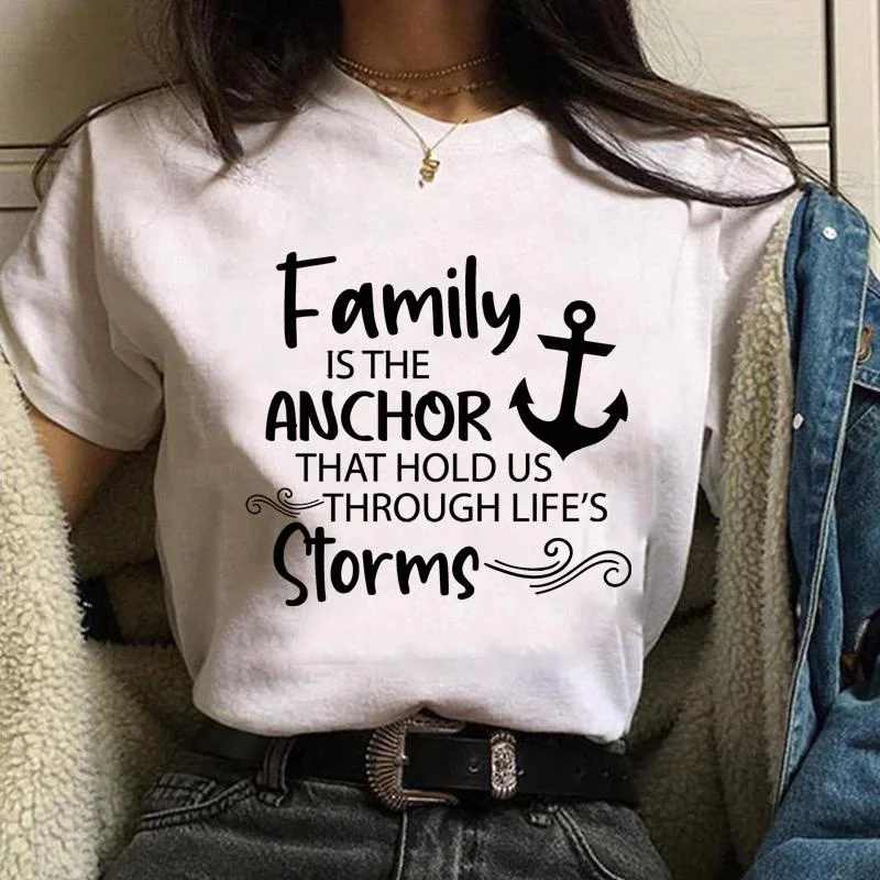 

Funny Family Is The Anchor That Hold Letter Printed Tee Women's Casual Outdoor Loose Round Neck Shirt Tee