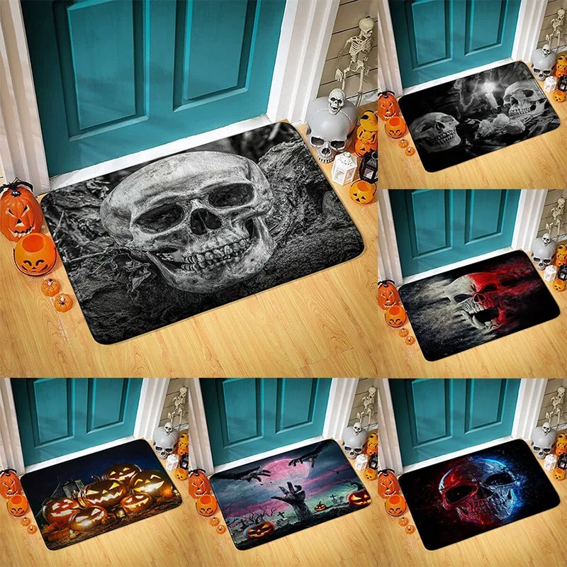 Fußmatte mit Halloween-Motiv und Kürbis-Schädel-Reaper-Muster, rutschfest, saugfähig, für den Innen- und Außenbereich, Willkommensmatte für Heimdekoration