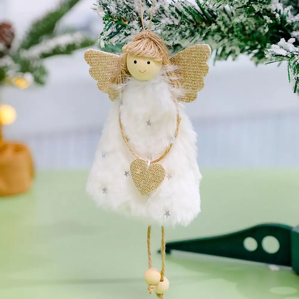 Xmas Tree Hanging Angel Doll Furry Skirt Angel with Glitter Wings Christmas Party Plush Angel Pendant New Year Home Decoration