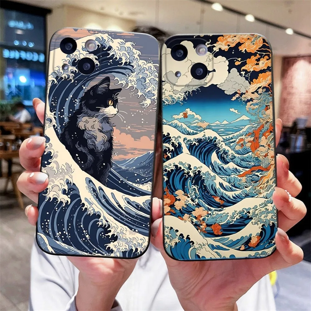 

Japan Style Ukiyo-e Phone Case For iPhone 16 15,14,13,12 Mini 11 Pro XR,X,XS,MAX,7,8 Plus Silicone Cover Soft black