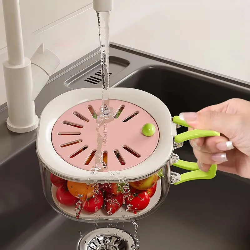 

Fruit Drainer Basket Hidden Folding Handle Dust-Proof Drain Switch Washing Fruit Drain Basket With Lid Food Grade Drain Bow