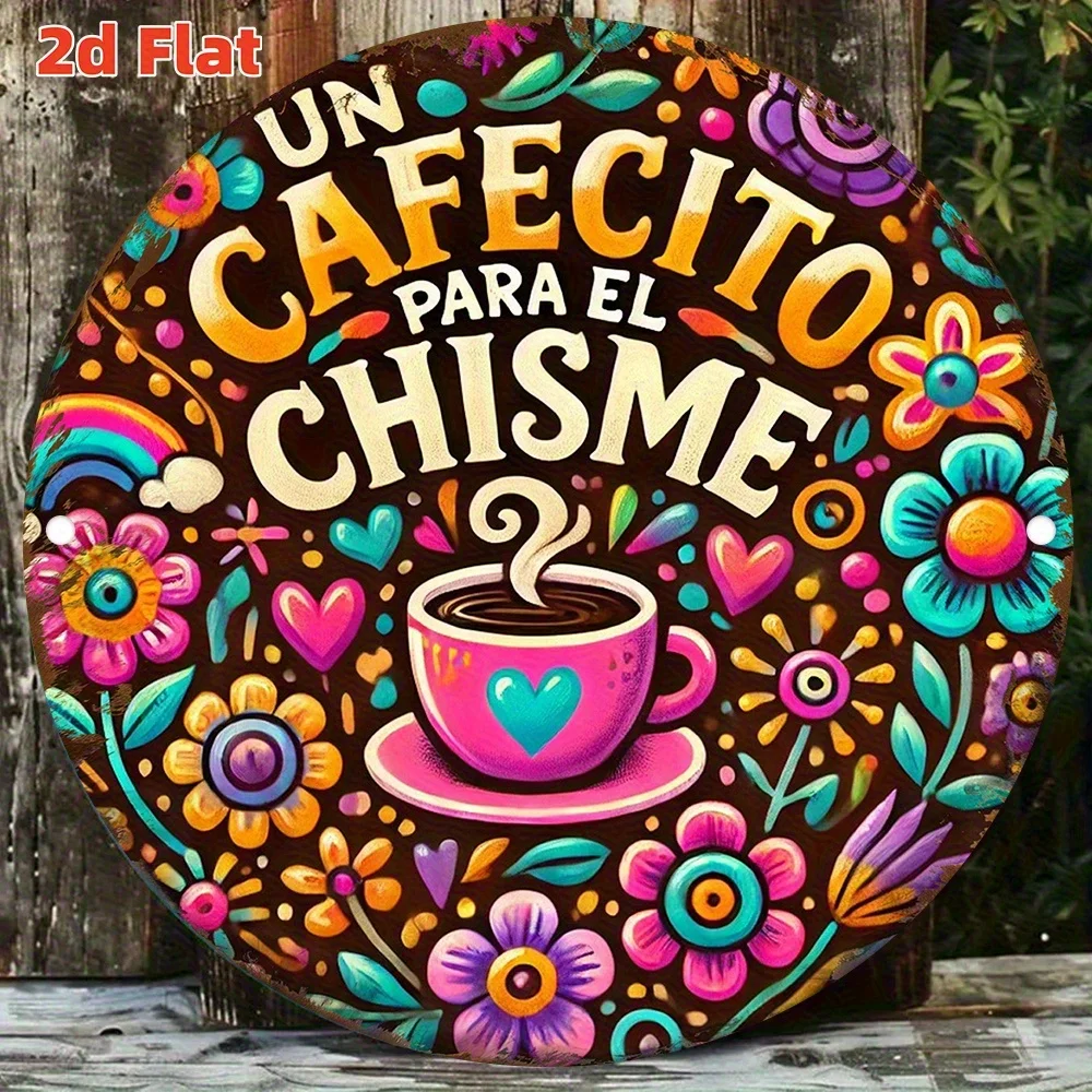 2D Flat - 1pc 2D Flat Retro Metal Wall Art Sign | Vibrant Floral Coffee Cup Design With Spanish Phrase 