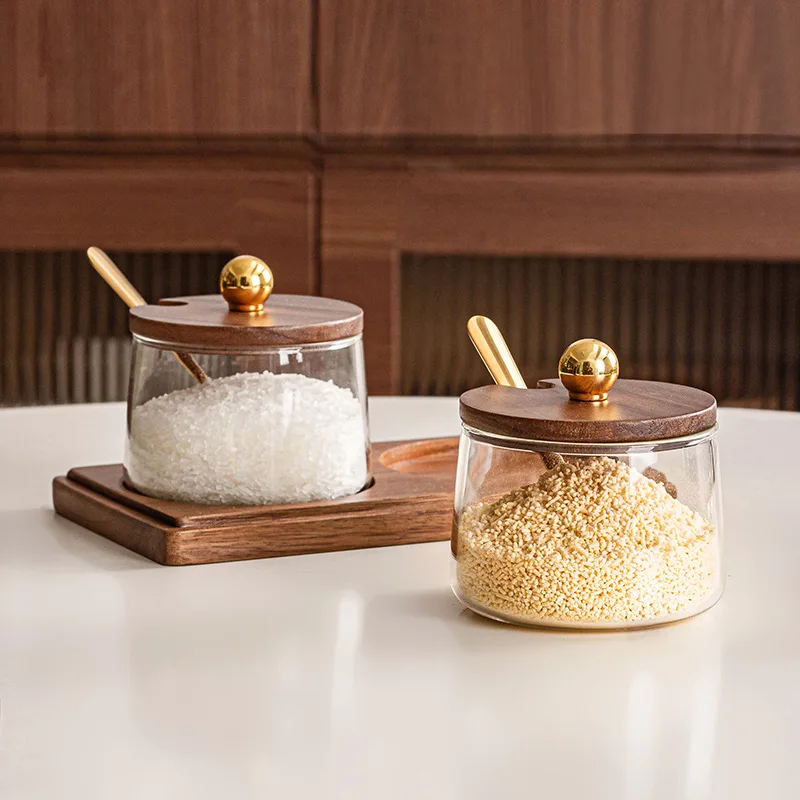 New Glass Seasoning Box with Wooden Lid and Spoon Retro Acacia Wooden Pallet Kitchen Seasoning Jar Exquisite Kitchen Supplies