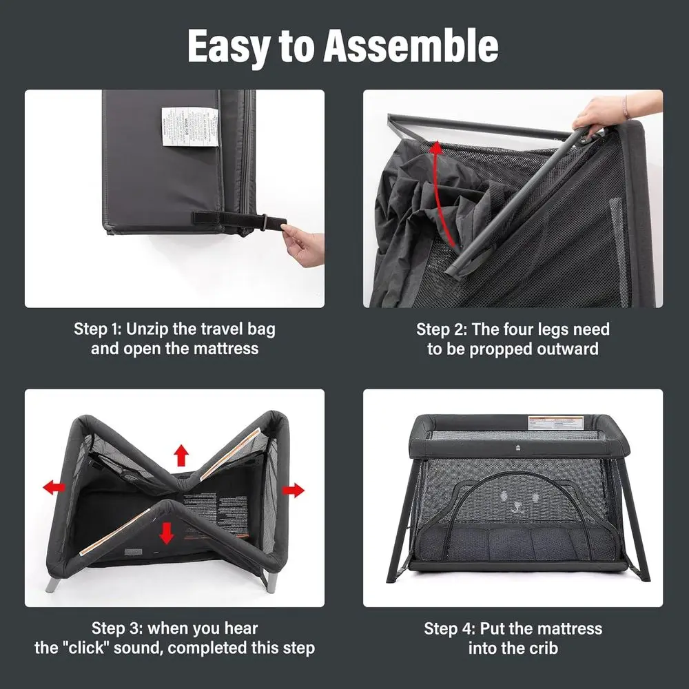 Kompaktes Baby-Reisebett, tragbarer Laufstall mit Matratze, leichter Rucksack-Stil, Dunkelgrau