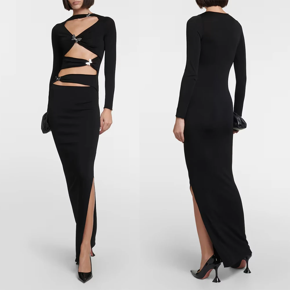 Sexy Long Sleeve Cut Out Split Butterfly Bodycon Maxi Dresses Formal Cocktail Evening Party Dress Black Prom Gown Woman Clothing