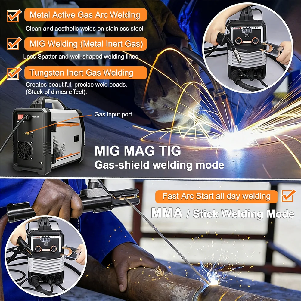 Degreat 4-in-1 MIG-Schweißgerät, synergisches MIG/MAG/TIG/MMA-Inverter-Schweißgerät, tragbares Multifunktions-Schweißset mit Digitalanzeige und Überhitzungsschutz für Heimwerkerprojekte, Reparaturen