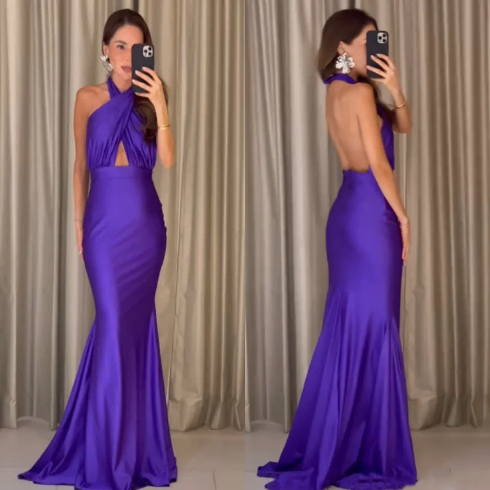 

Customized Exquisite Sexy Charmeuse Criss-Cross Draped Ruched Mermaid Halter Long Dresses Bespoke Occasion Dresses Modern Style