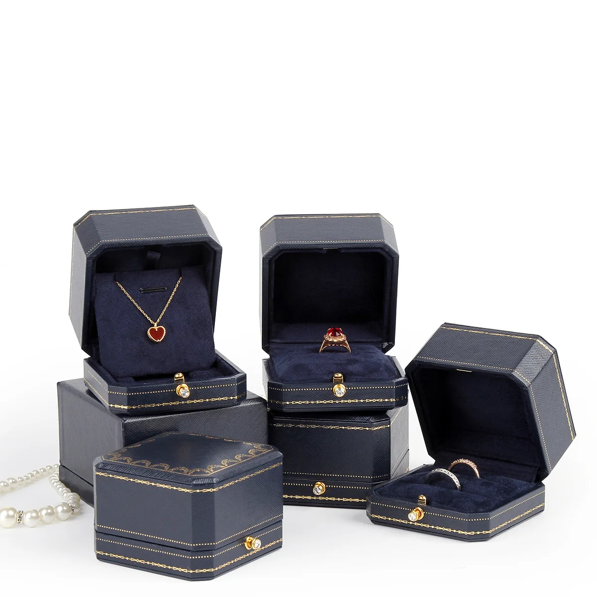 

Premium PU Leather Double Ring Couple Box for Wedding Ceremony Engagement Pendant Earrings Necklace Holder Jewelry Gift Box