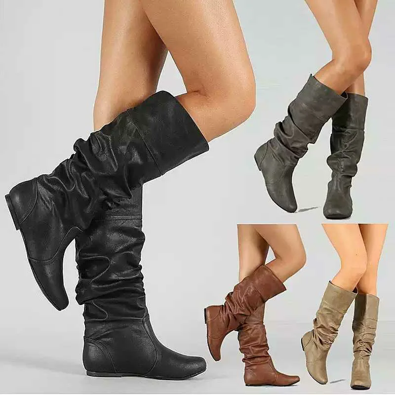 Botas De Mujer 2024 Winter Women Mid-calf Flat Hight Boots Leather Plus Size Shoes for Women 35-43 Snow Boots Brown Long Boots