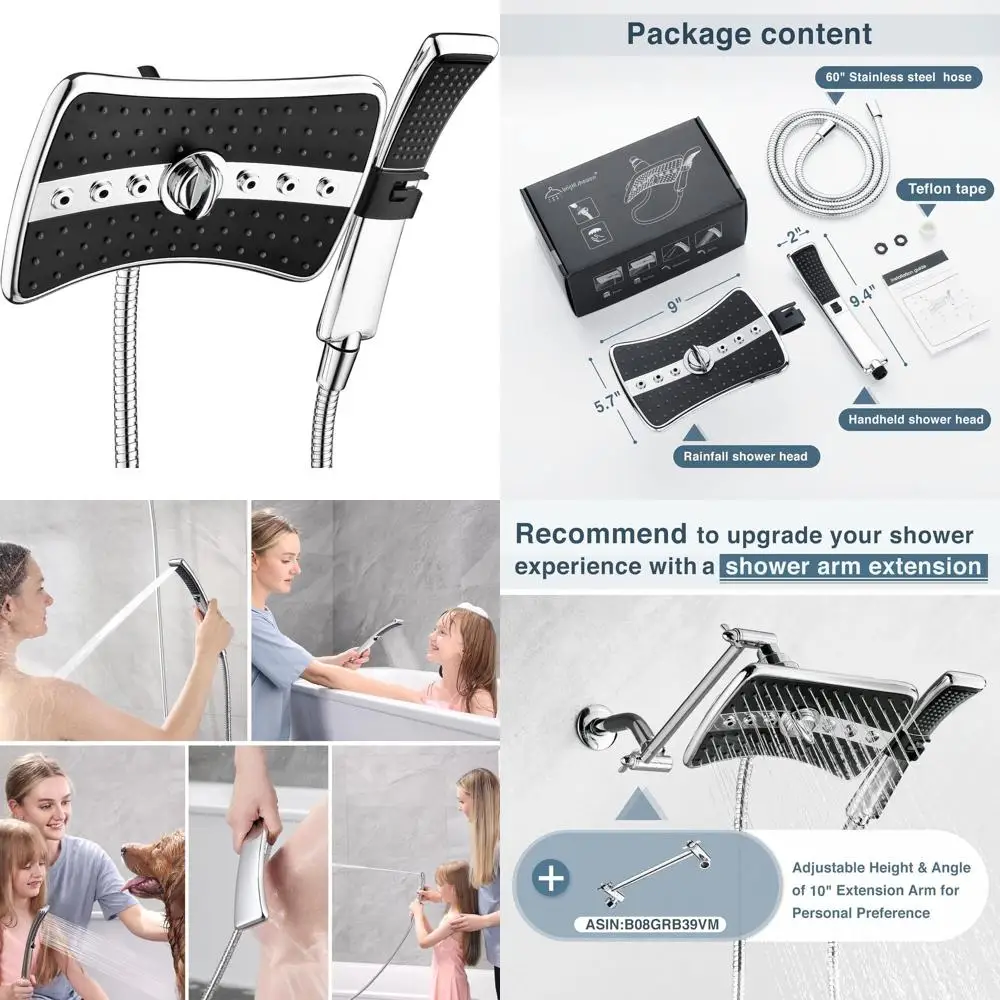 

60 Dual Shower System: Rainfall & Handheld with Black Face, Chrome Finish, Stainless Steel Hose