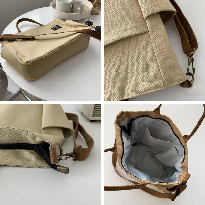 Bolsa de ombro de lona para mulheres, bolsa crossbody, retrô, grande capacidade, multi bolso, zíper, sacolas casuais, moda