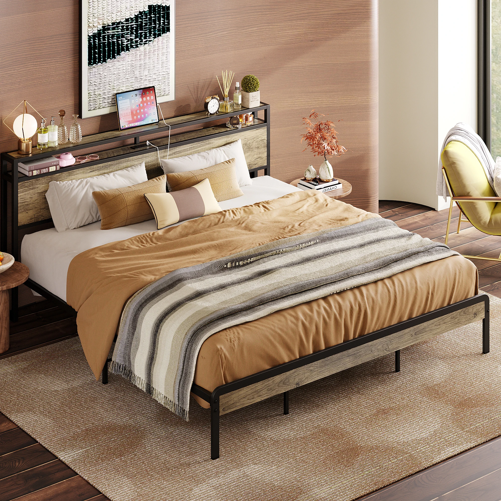 Bed Frame with Storage Headboard, Platform Bed with Charging Station, Solid and Stable, Noise Free, Easy Assembly, Walnut