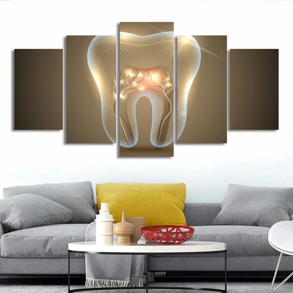 5 Panel Geometric Tooth Dental X-Ray Canvas Painting Wall Art Shining Tooth Posters and Prints for Dentistry Wall Decor No Frame