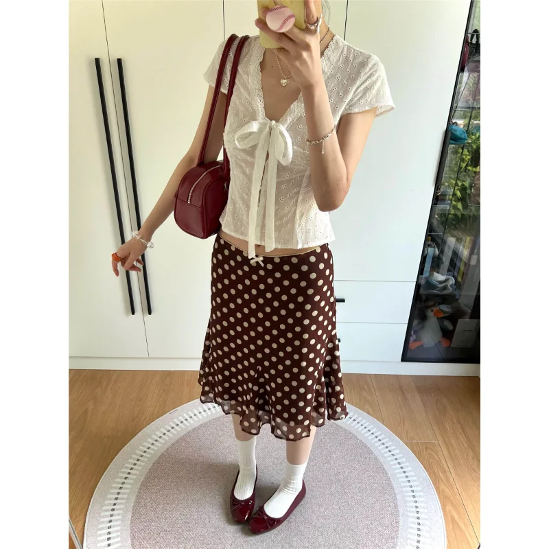American Style Spotted Low Waist Lace  Knot Fish Tail Half Skirt Women Summer New Pure Desire Midi Skirt