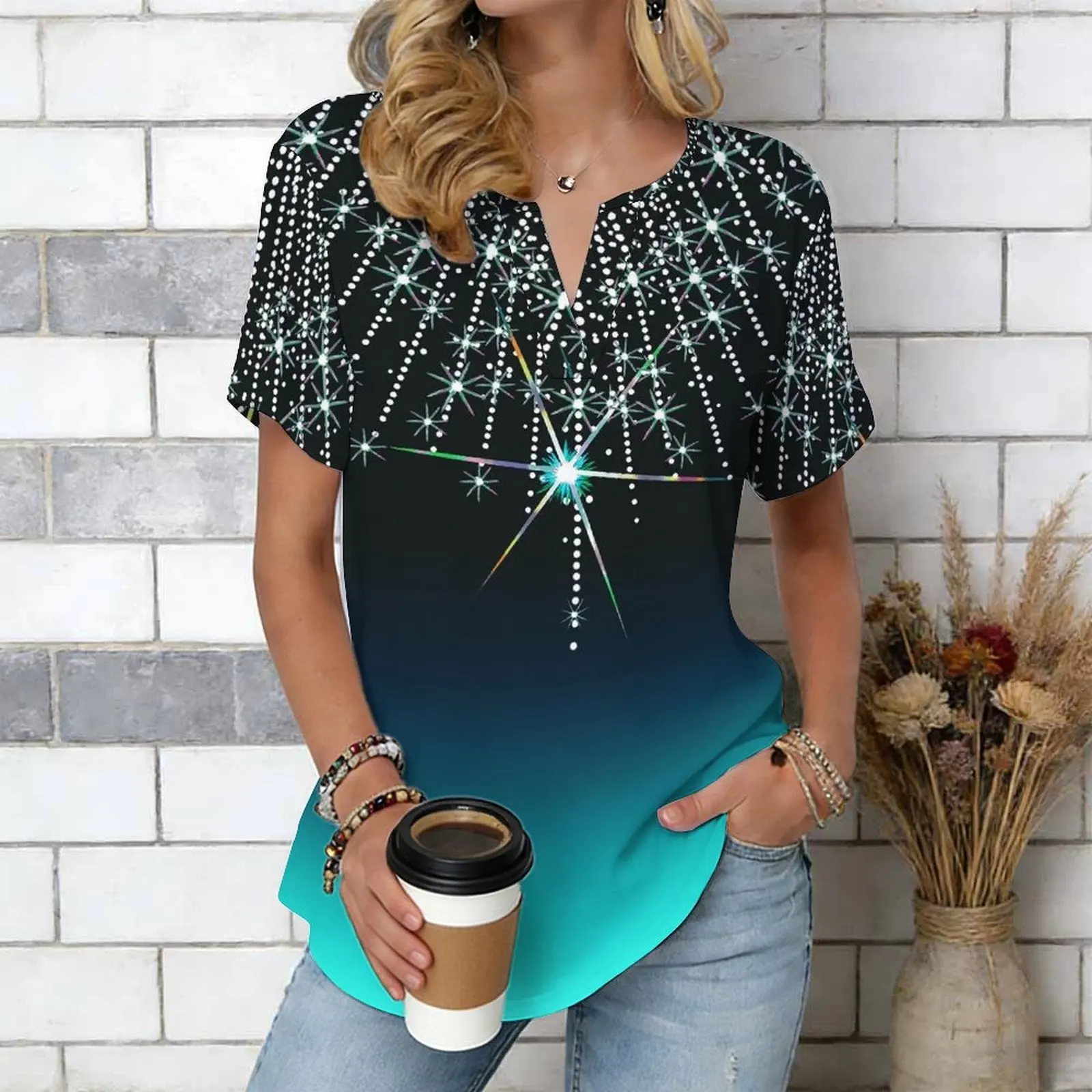 Women Print Notched V Neck Short Sleeve Casual Loose Tunic Tops