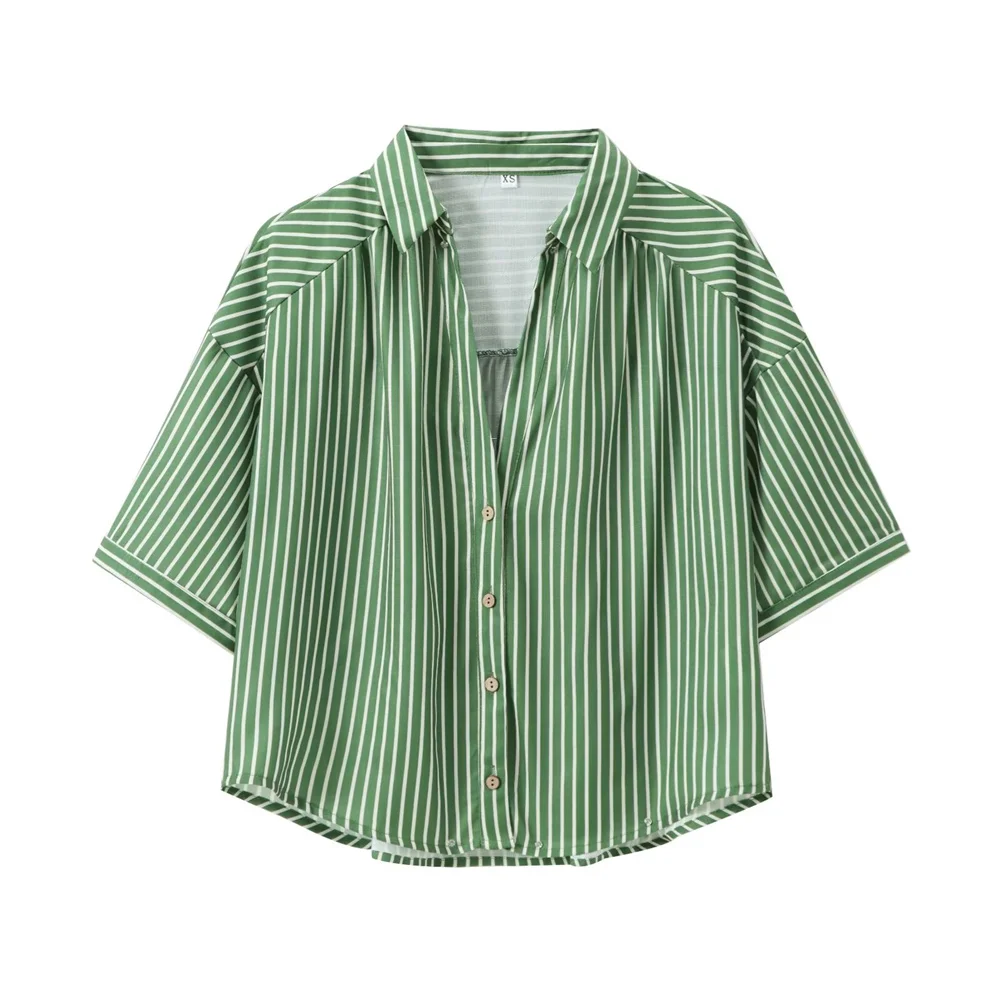 PB&ZA2024 Summer New Product Casual Women\'s Fashion Trend Green Flip Collar Button Striped Shirt Straight Pants Set